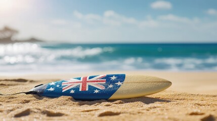 A surfboard decorated with the Australian flag on a golden beach.
