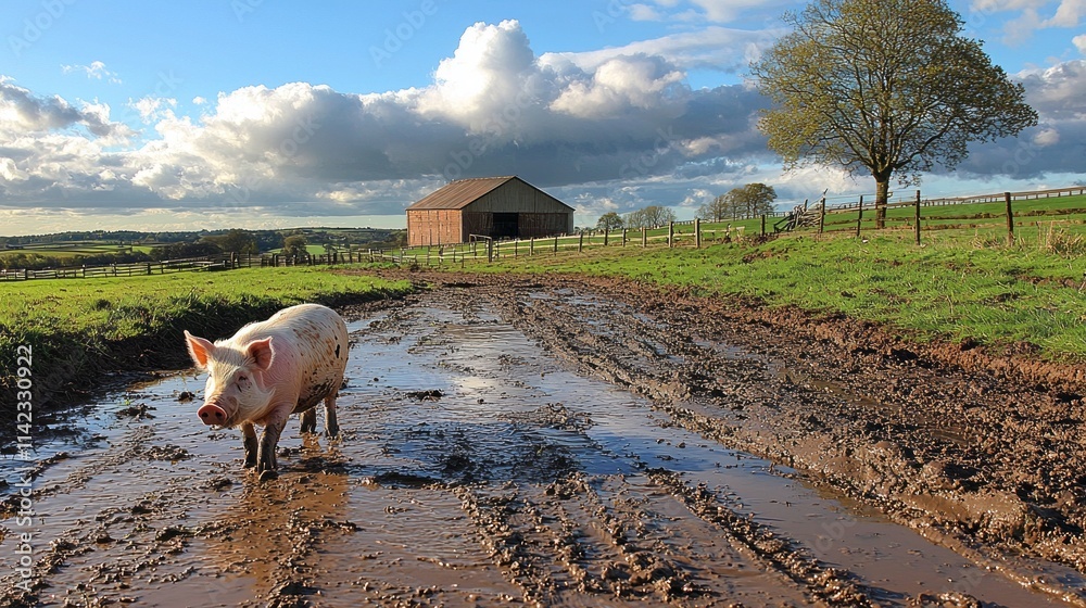 Poster a pig is walking through a muddy field