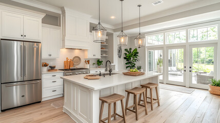 A kitchen with a wooden island and a large window. The kitchen is clean and well-lit, with a modern design. Scene is warm and inviting