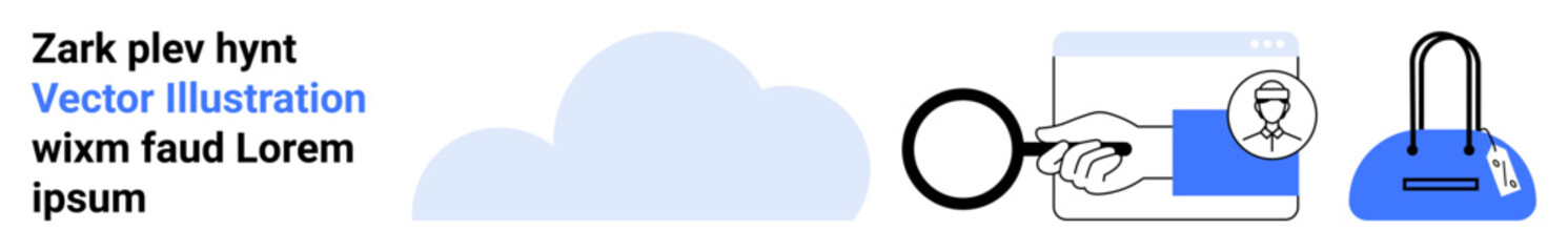 Magnifying glass inspecting hourglass inside a web browser, cloud with text, blue handbag. Ideal for search concepts, online shopping, time management, analytics, web design, digital marketing