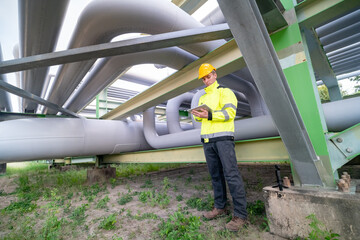 Worker Evaluates Pipeline Systems Beneath a Structure at a Construction Site During Daytime