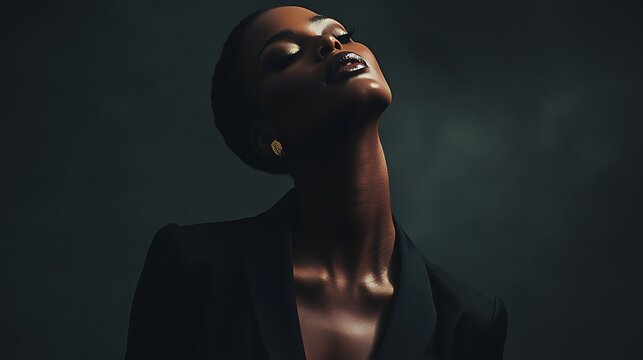 Elegant female model in dark jumpsuit, confident pose with moody lighting,