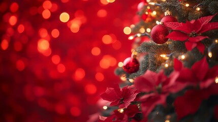 Obraz premium A close-up of festive red poinsettias and ornaments, glowing against a blurred red background, capturing the essence of holiday cheer.