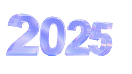 3d 2025 with aberration effect isolated on a transparent background. Blue tone. 3d transparent elements for graphic design.