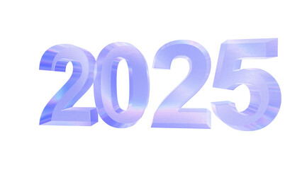 3d 2025 with aberration effect isolated on a transparent background. Blue tone. 3d transparent elements for graphic design.