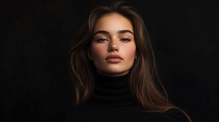 Fototapeta premium Female model in trendy black turtleneck, confident pose under spotlight,