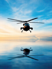 naval helicopter flying over calm water with its reflection, set against a serene sunset sky, creating a modern and peaceful aviation-themed design..