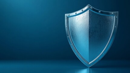 Metal shield standing on blue background representing security and protection