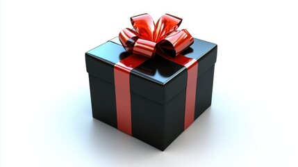 Obraz premium Elegant Black Gift Box with Red Ribbon and Bow on White Background