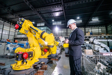 Engineer Monitors Robotic System in Modern Manufacturing Facility for Quality Control