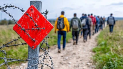 Humanitarian crisis and border security symbolically represented by refugees silhouetted against barbed wire fences.