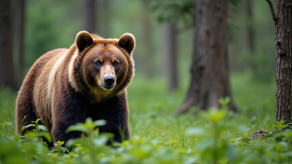 Fototapeta premium Solitary Brown Bear Approaching Camera in Forest