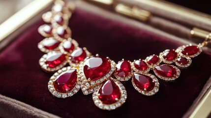 Obraz premium Elegant Red Gemstone Necklace Displayed in Luxurious Jewelry Box