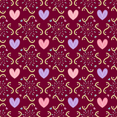 Lovely Heart with fireworks castle style. Seamless pattern.