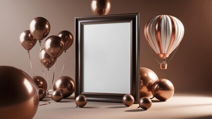 Mockup of a square frame surrounded by balloons and ribbons, blurred background.
