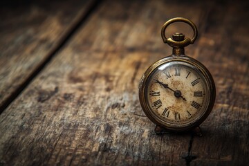 Antique pocket watch on rustic wooden surface.
