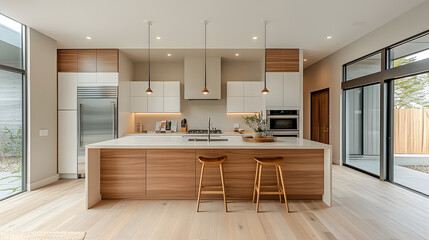 A kitchen with a wooden island and a large window. The kitchen is clean and well-lit, with a modern design. Scene is warm and inviting