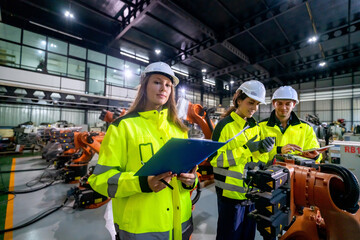 Aerial view of engineers working with robotic arms in a modern manufacturing facility