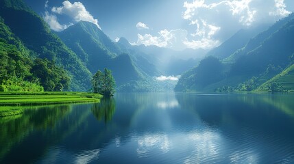 Naklejka premium Tranquil Mountain Lake Surrounded by Lush Slopes