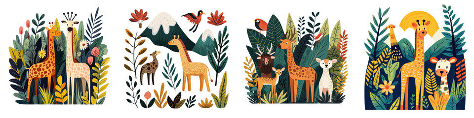 Fototapeta premium Vibrant Jungle Landscape with Diverse Wildlife Animals including Giraffes Lions Tigers Leopards Zebras Elephants and Bears in Lush Tropical Rainforest