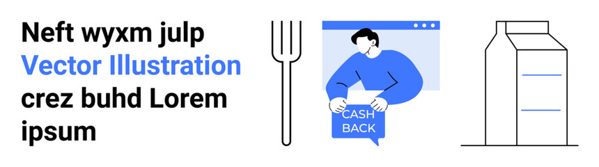 Fork beside a man in blue holding a cash back sign on a computer screen, and milk carton. Ideal for e-commerce, digital marketing, retail promotions, food industry, online advertisements, branding