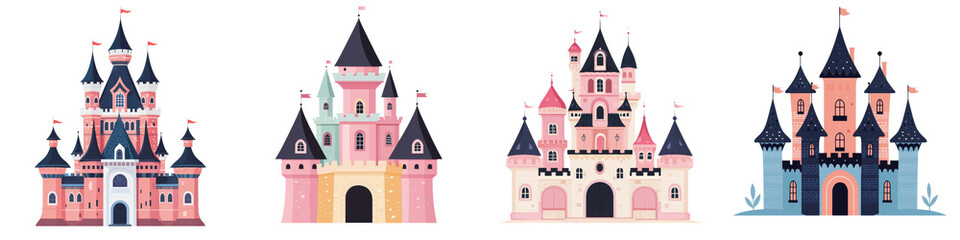 Obraz premium Colorful Cartoon Castles of Enchanting Fairy Tale Palaces and Landmarks in Various Architectural Designs Icons and Decor Elements