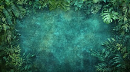 Lush Green Tropical Foliage Frame on Textured Turquoise Background