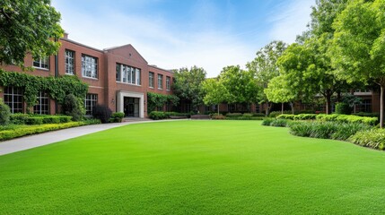 Fototapeta premium Serene Green Lawn in Front of a Charming Modern Building Surrounded by Lush Trees and Clear Blue Sky