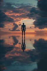 Silhouette of a humanoid figure standing in still water under a dramatic sunset with clouds reflecting in the water