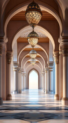 Fototapeta premium Majestic arches of mosque with elegant lamps casting warm light on polished marble floor, creating serene atmosphere of islamic architecture