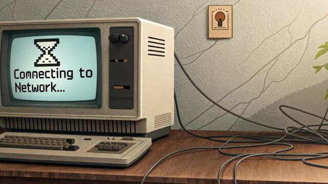 Moments of Care An oldschool monitor features a text box that reads Connecting to Network... with a pixelated hourglass icon. A vintage modem quietly beeps its lights flickering