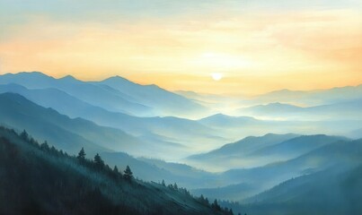 Obraz premium Sunrise over misty, layered mountains; forest below.