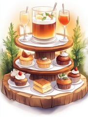 Indulging in whimsical dessert display and cocktails cozy  food photography close-up culinary art in charming atmosphere