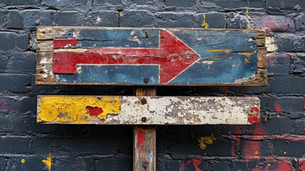 Weathered wooden sign with red arrow on a brick wall