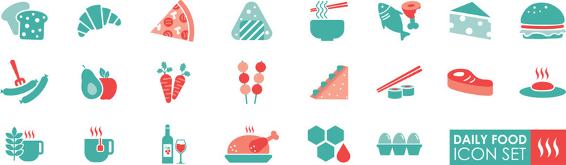 Daily food icons set in solid style, It contain groceries, Mexican, Burger, Japanese, and more