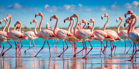 Naklejka premium A group of flamingos strolls through shallow water, their vibrant pink feathers reflecting in the serene surface. The sky is a bright blue with scattered clouds
