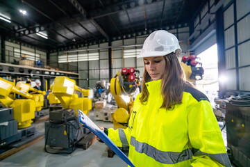 Engineer Evaluating Robotic Equipment in a Modern Industrial Warehouse Setting