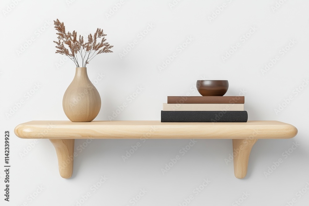 Poster a scandinavian-inspired bookshelf with light wood shelves, neatly holding a few books and simple dec