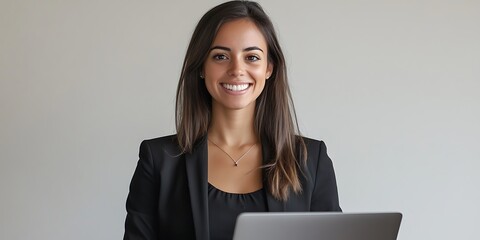 Brazilian female marketing director standing proudly in front of her laptop