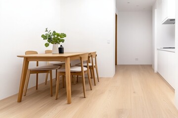 Fototapeta premium A Scandinavian-style dining room with light oak furniture, neutral-colored chairs, and greenery as decoration