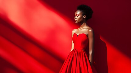Female model in a bold red gown with dramatic studio shadows