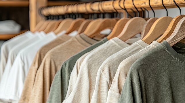 A neatly arranged display of casual shirts on wooden hangers in soft, neutral colors, showcasing a stylish and organized clothing collection.