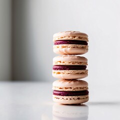 High-resolution, professionally lit photograph of three exquisite, towering macaroons, carefully arranged in a stacked formation