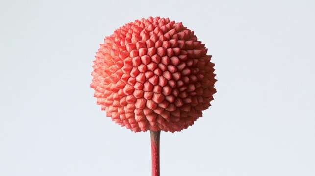 a pink spiky fruit on a stem against a white background