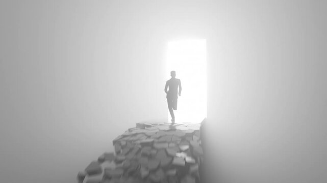 Man Runs Across the Bridge to the Door with a Light, the Floor Collapses Behind Him, Concept of Passing Time and Achieving Success, Abstract 3D Animation, , Ultra HD 3840x2160 4K