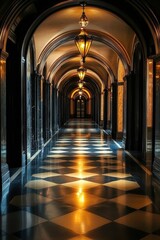 Obraz premium Elegant arched hallway, light fixtures, checkered floor.