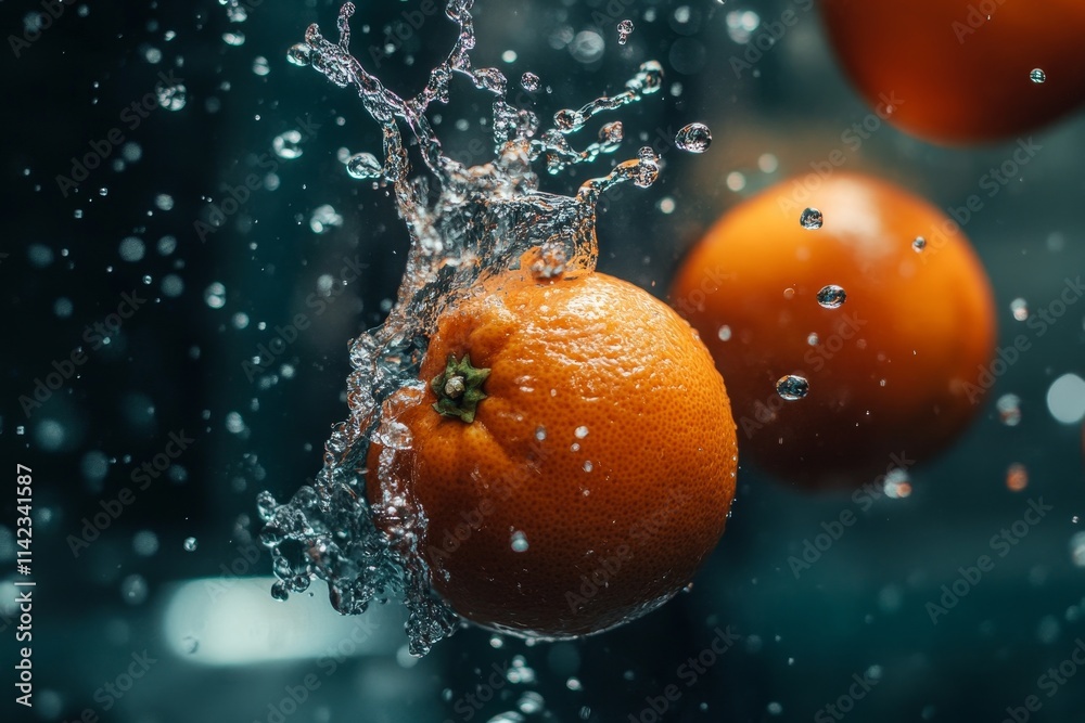 Poster Two ripe oranges splashing into water, creating dynamic water droplets and spray.