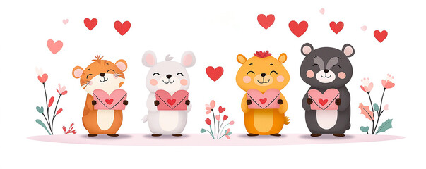 Cute animal characters holding heart shaped cards surrounded by flowers and hearts, perfect for Valentine Day celebrations. This whimsical illustration captures joy and affection