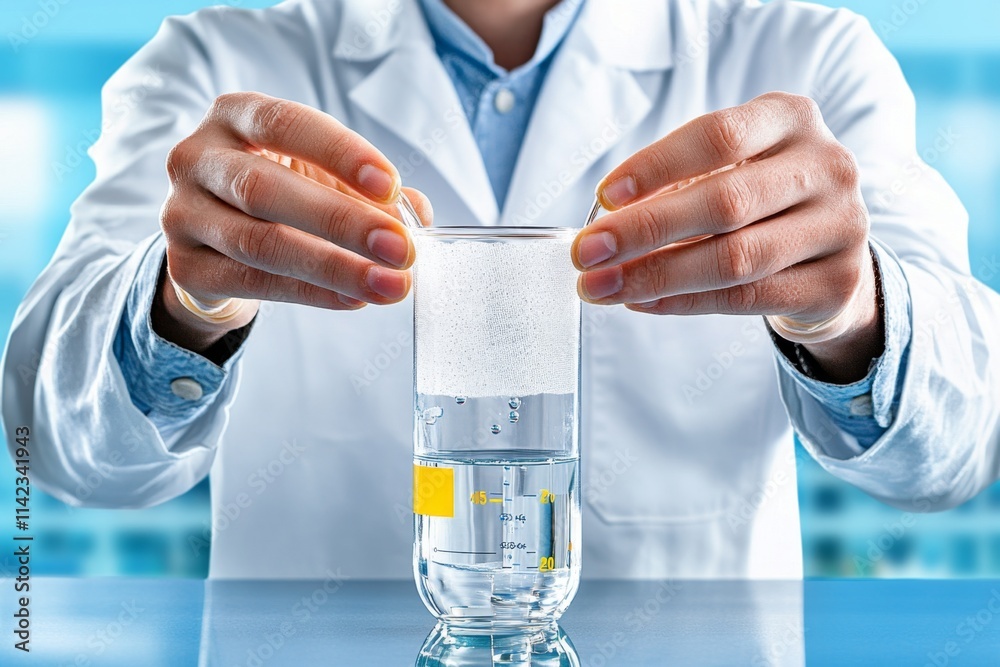 Poster A chemist in a lab coat using a funnel and filter paper to separate a liquid mixture in a precise setup