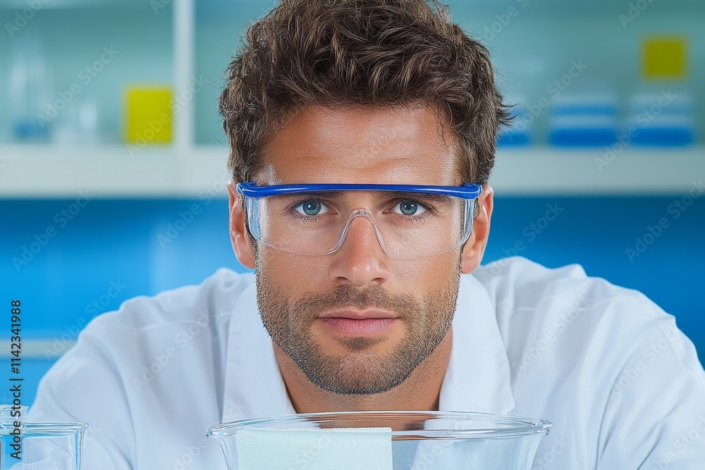 Poster A chemist in a lab coat using a funnel and filter paper to separate a liquid mixture in a precise setup